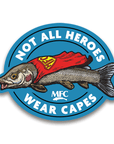 Montana Fly Company Stickers featuring humorous fish wearing a superhero cape design at Freestone Fly Shop