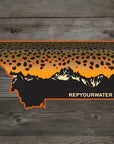 RYW Sticker by Rep Your Water L.L.P., Montana outline with mountain and trout pattern design at Freestone Fly Shop