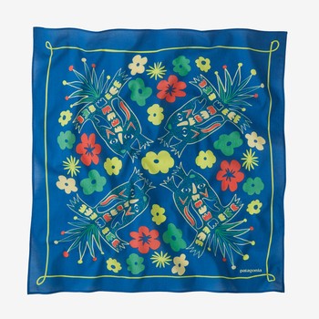 Patagonia Bandana in vibrant blue with tropical floral and bird motifs crafted in organic cotton at Freestone Fly Shop