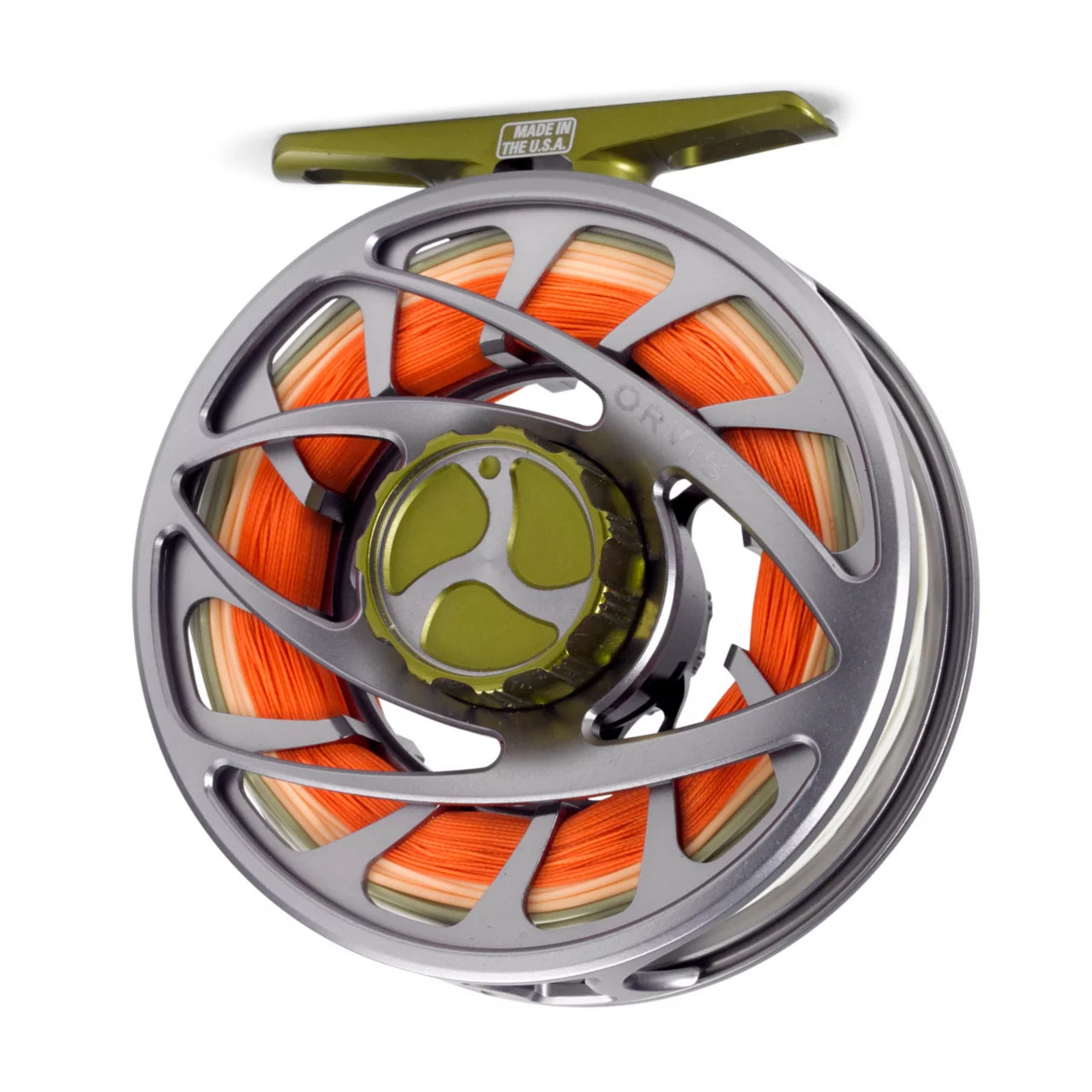 Orvis Mirage LT Fly Reel in gray and olive with bright orange fly line for lightweight fly fishing at Freestone Fly Shop