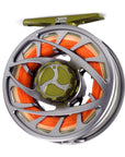 Orvis Mirage LT Fly Reel in gray and olive with bright orange fly line for lightweight fly fishing at Freestone Fly Shop