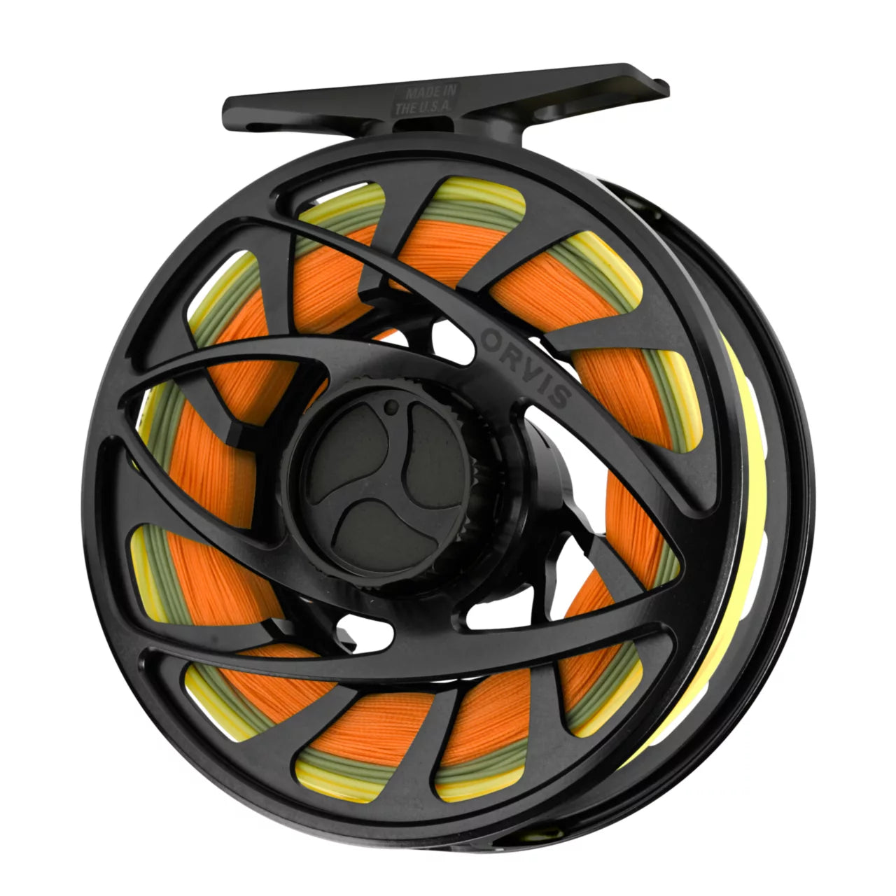Orvis Mirage LT Fly Reel in sleek black with bright orange and yellow fly line at Freestone Fly Shop for fly fishing enthusiasts