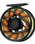 Orvis Mirage LT Fly Reel in sleek black with bright orange and yellow fly line at Freestone Fly Shop for fly fishing enthusiasts