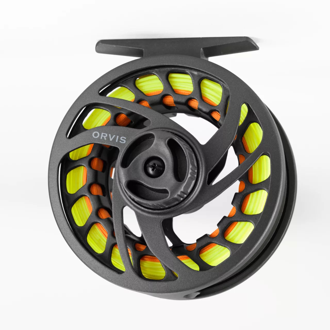 Orvis Clearwater Large Arbor Fly Reel in matte gray with large arbor design and bright fly line at Freestone Fly Shop