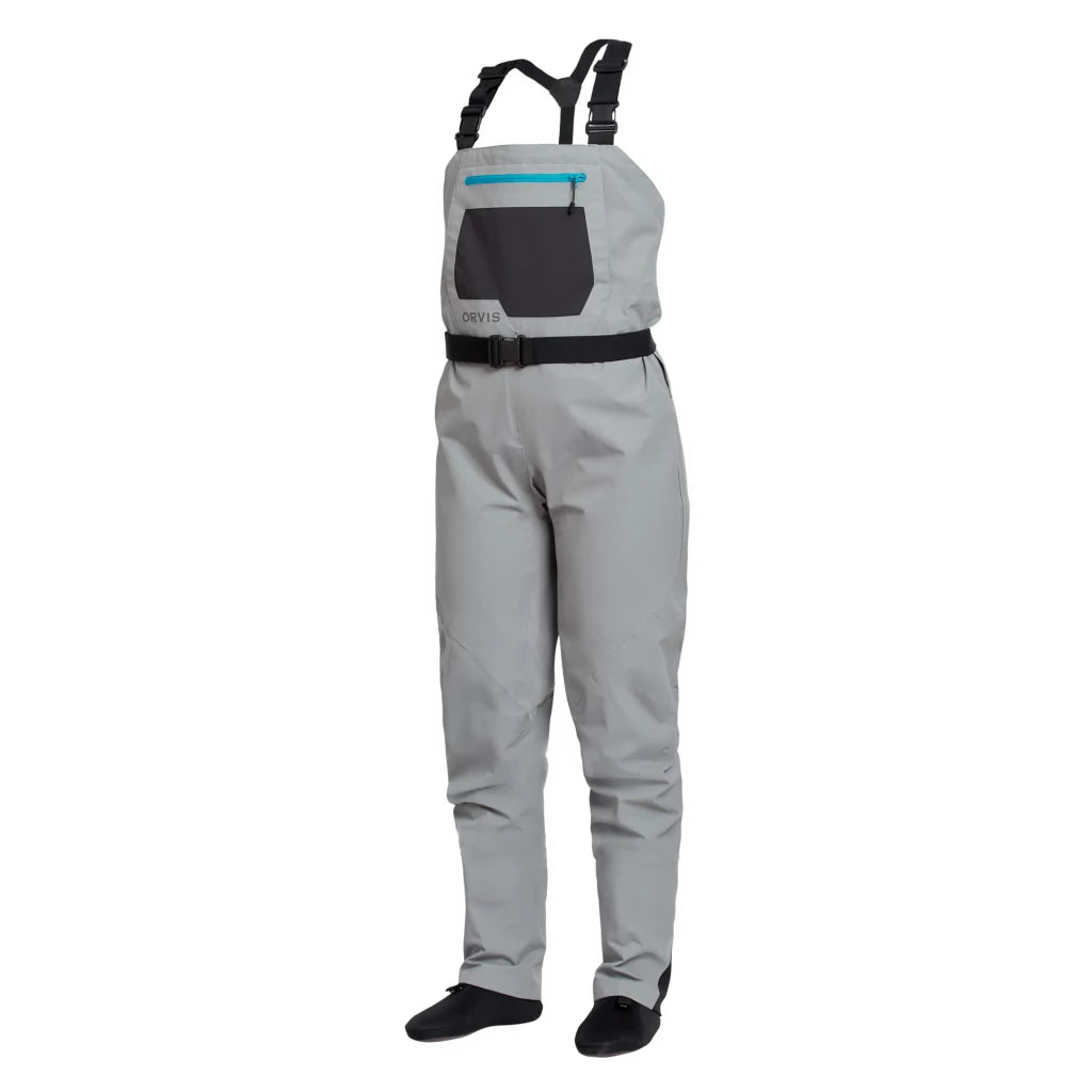 Orvis Women's Clearwater Stockingfoot Waders in light gray with adjustable straps and front pocket at Freestone Fly Shop