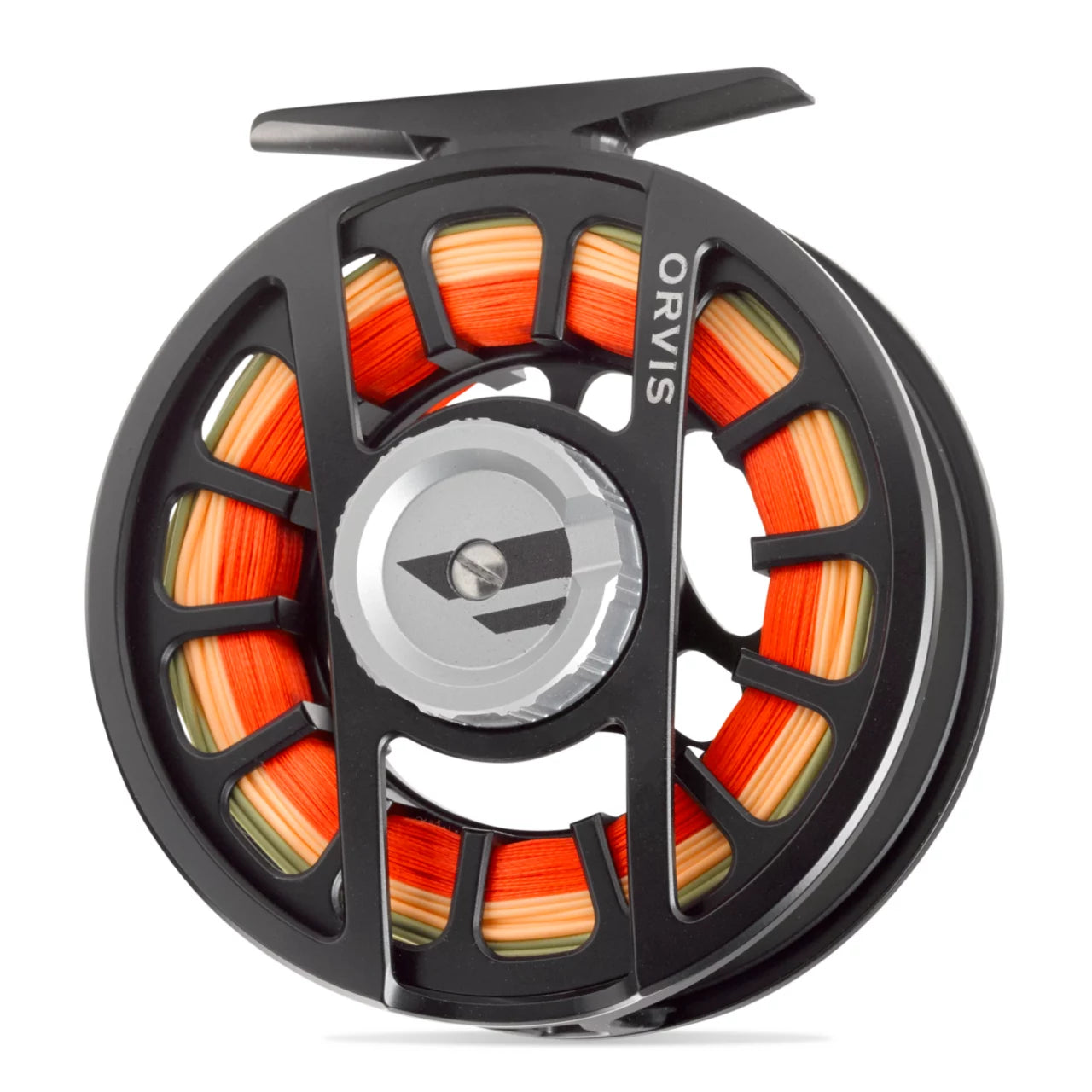 Orvis Hydros Fly Reel in black with orange and yellow fly line designed for lightweight fly fishing at Freestone Fly Shop