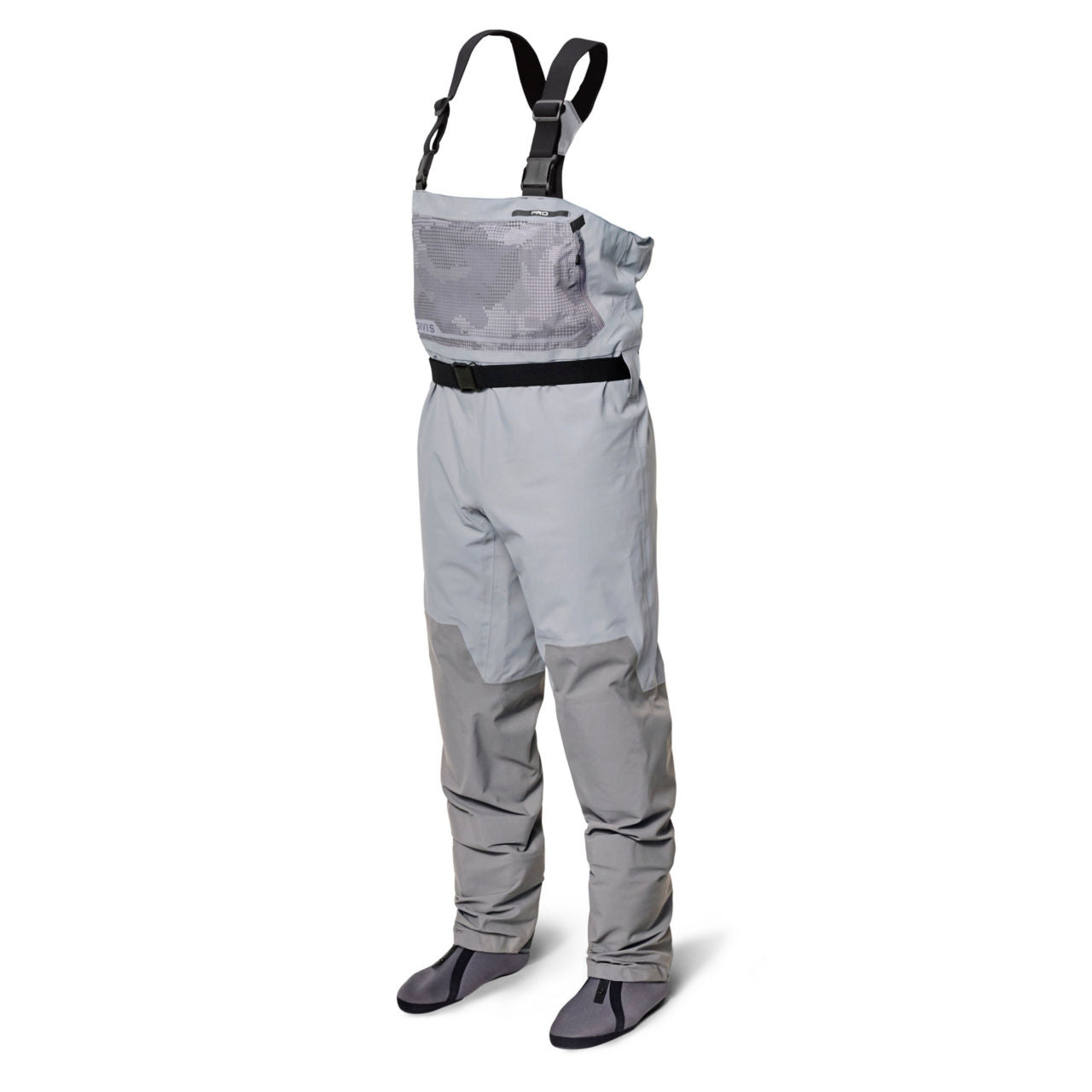 Orvis Men's Pro LT Stockingfoot Wader in light gray with adjustable suspenders at Freestone Fly Shop