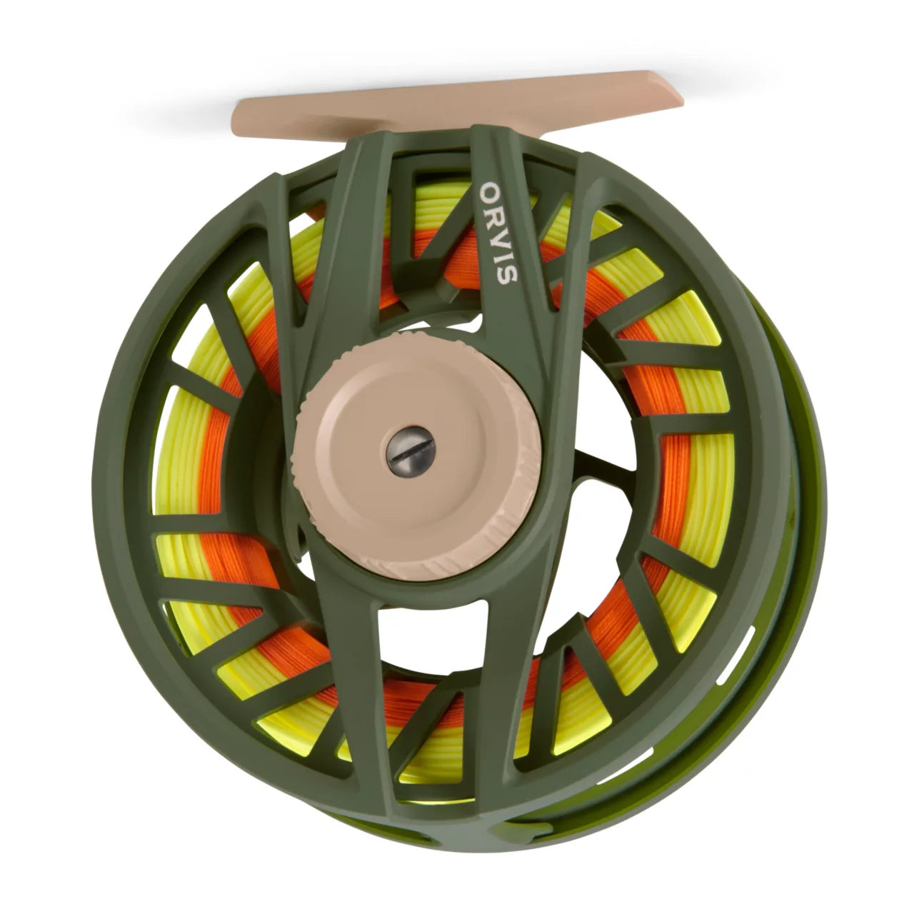 Orvis Clearwater Large Arbor Fly Reel in olive with bright yellow and orange fly line at Freestone Fly Shop