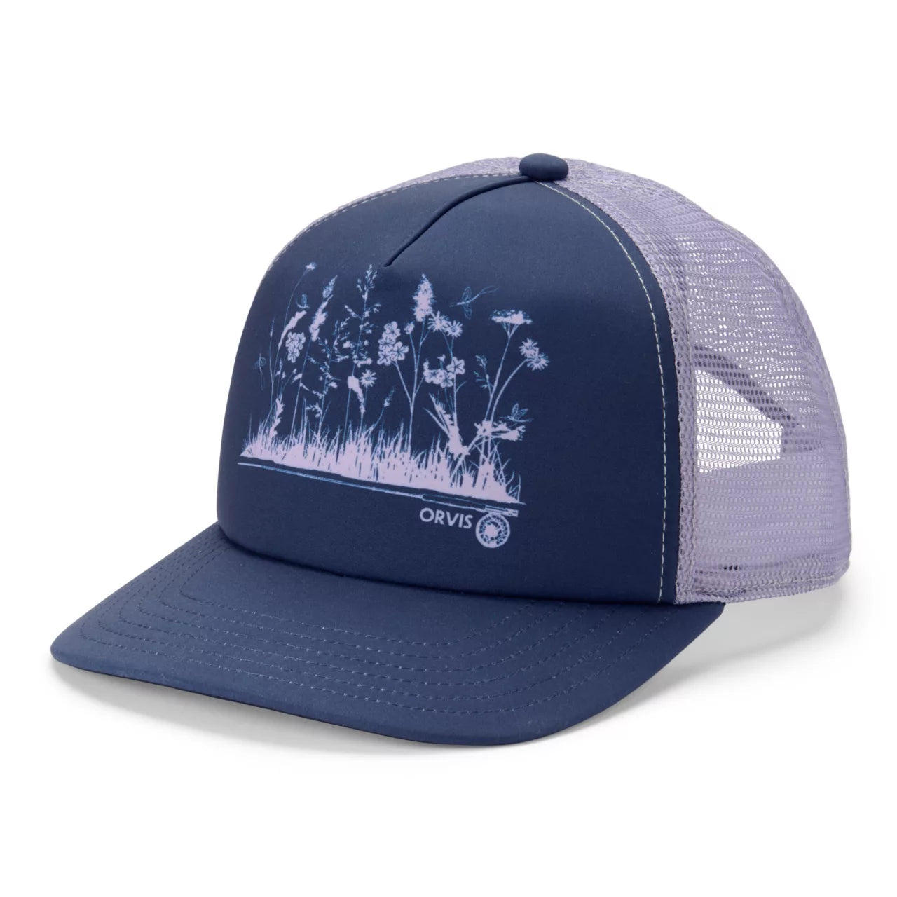 Orvis Mayflies and Botanicals Hat in navy with botanical print and mesh back for breathable fishing apparel at Freestone Fly Shop