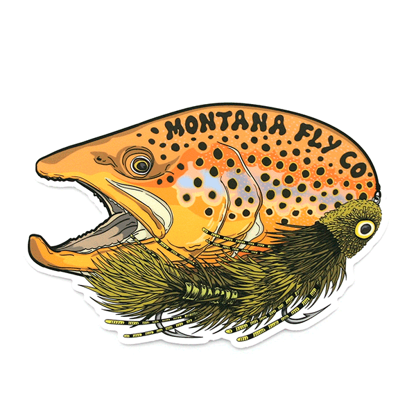 Montana Fly Company Stickers featuring a detailed trout head and fly lure design at Freestone Fly Shop