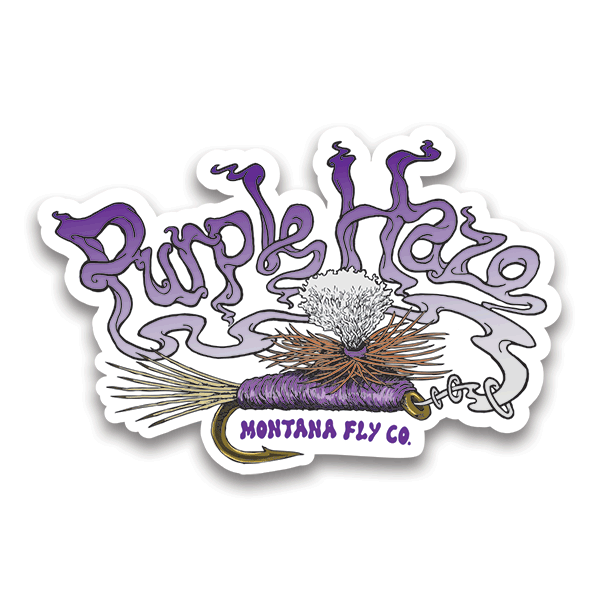 Montana Fly Company Stickers featuring Purple Haze fly pattern design with detailed lure illustration at Freestone Fly Shop