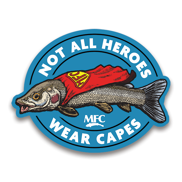 Montana Fly Company Stickers featuring humorous fish wearing a superhero cape design at Freestone Fly Shop