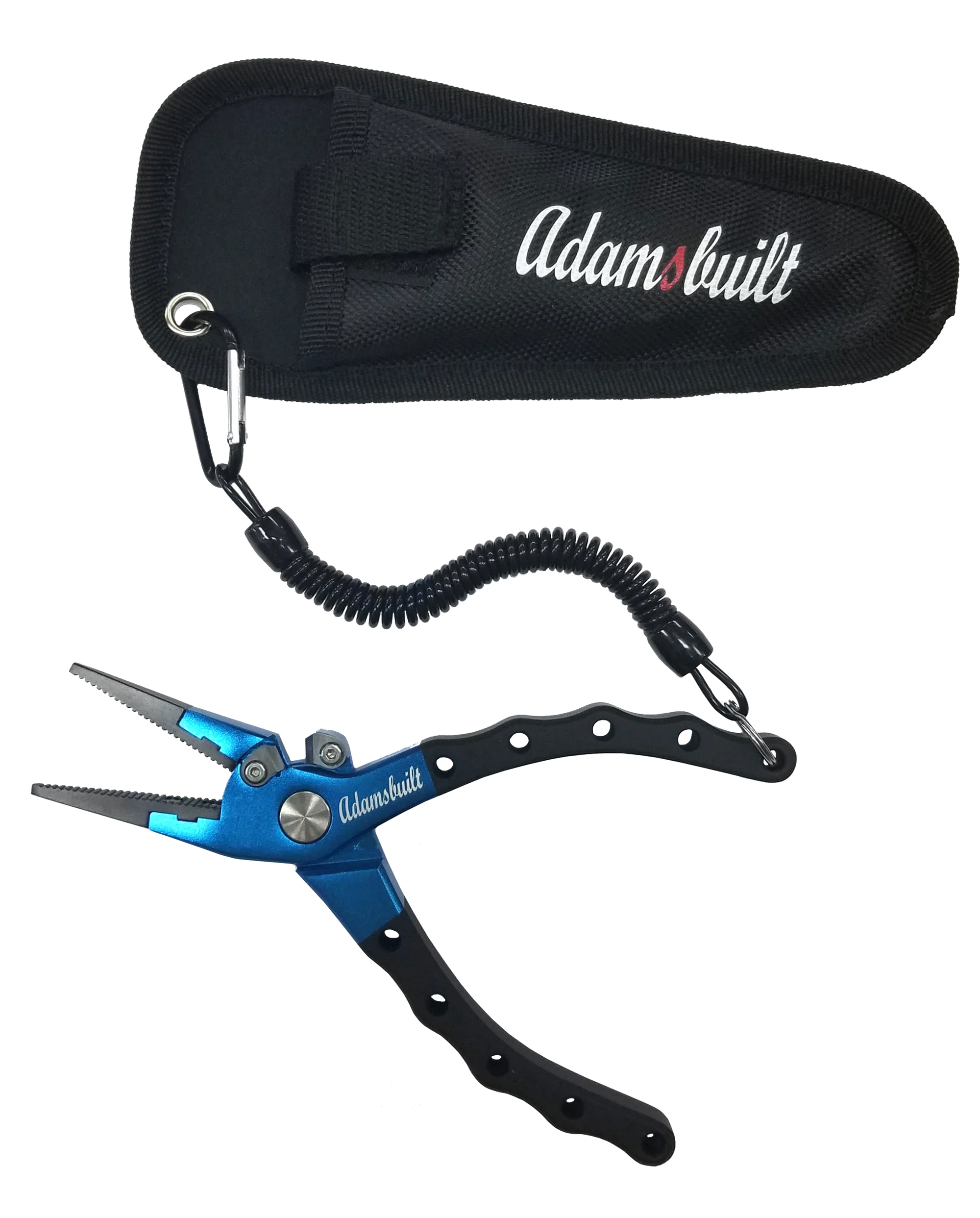 Adams Built Aluminum Plier w/Cutter with blue anodized finish, black grip, holster, and lanyard at Freestone Fly Shop