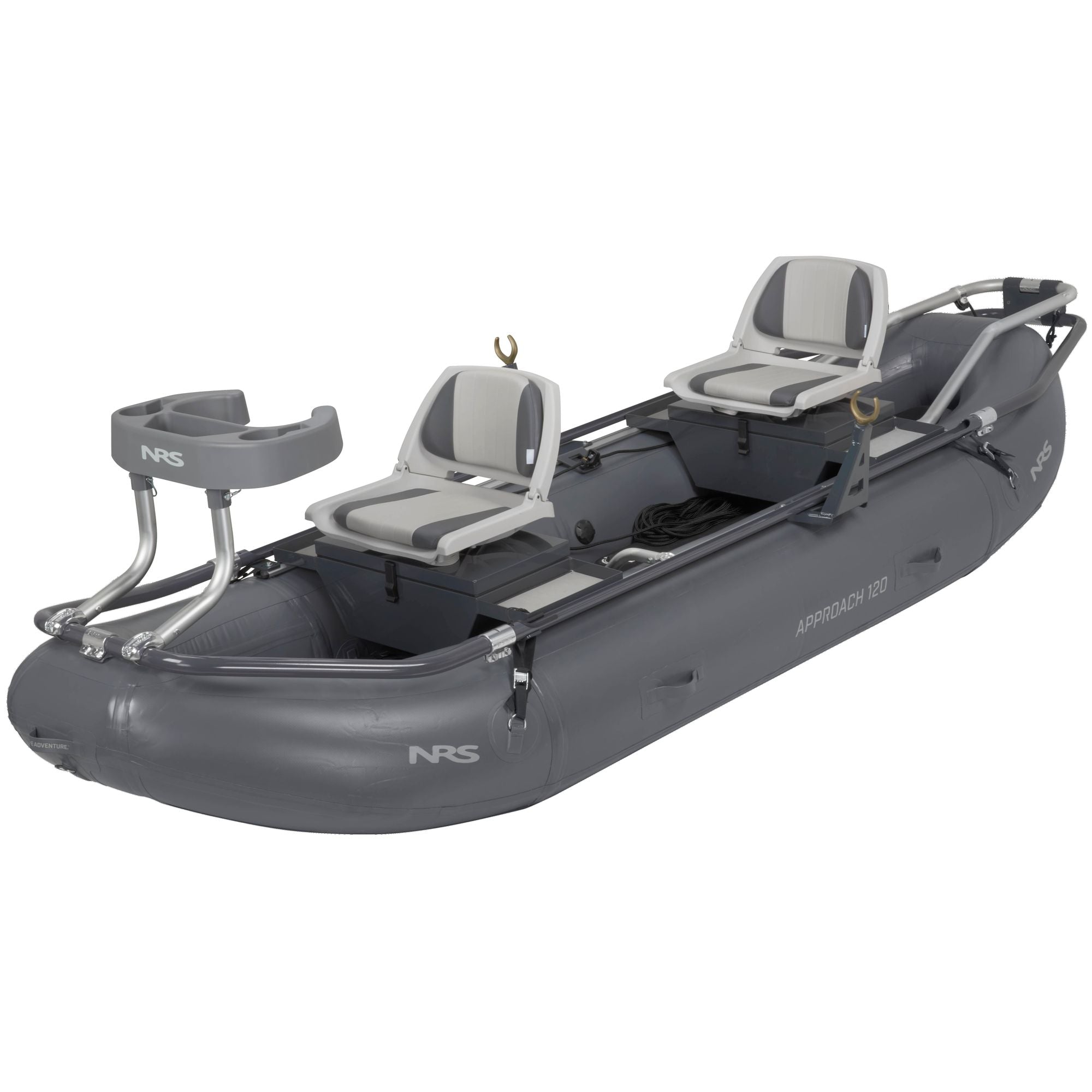 NRS Approach 120 Fishing Raft Two-Person Package in gray with adjustable seats and gear storage at Freestone Fly Shop