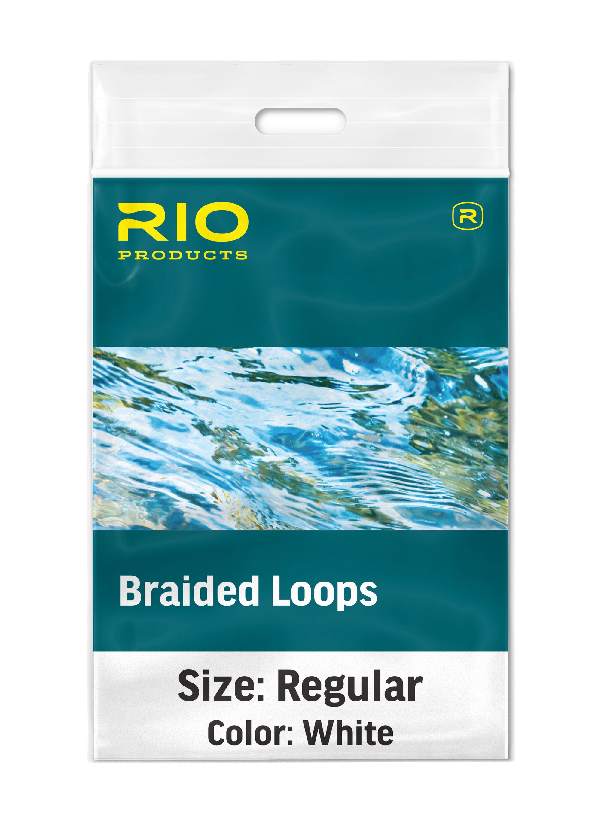 Rio Braided Loop packaging showing a regular size white braided loop for quick leader and fly line attachment