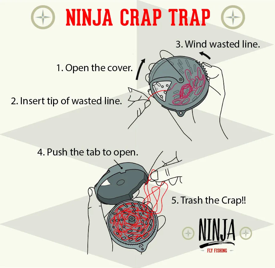 Ninja Fly Fishing Crap Trap - XL instructional diagram showing how to wind and store wasted fly fishing line responsibly