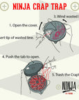 Ninja Fly Fishing Crap Trap - XL instructional diagram showing how to wind and store wasted fly fishing line responsibly