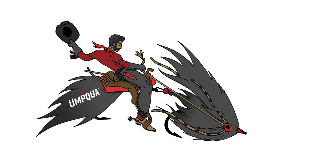 Umpqua Streamer Cowboy Sticker by Umpqua Feather Merchants depicting a cowboy riding a large fishing fly at Freestone Fly Shop