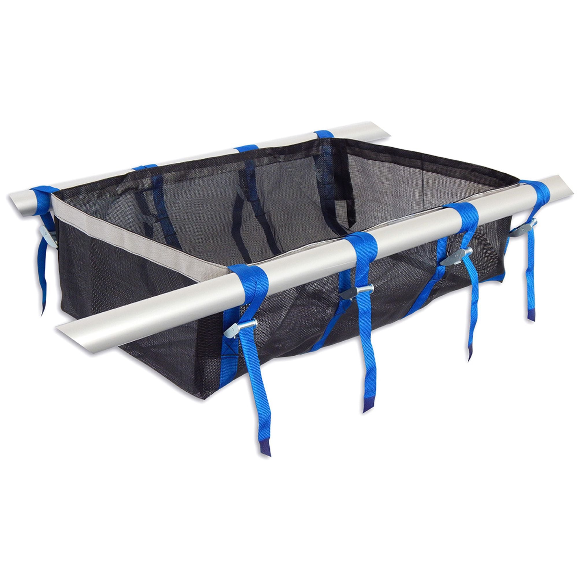NRS Otter Dodger Raft Package black mesh gear storage basket with blue straps for organizing fishing equipment