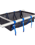 NRS Otter Dodger Raft Package black mesh gear storage basket with blue straps for organizing fishing equipment