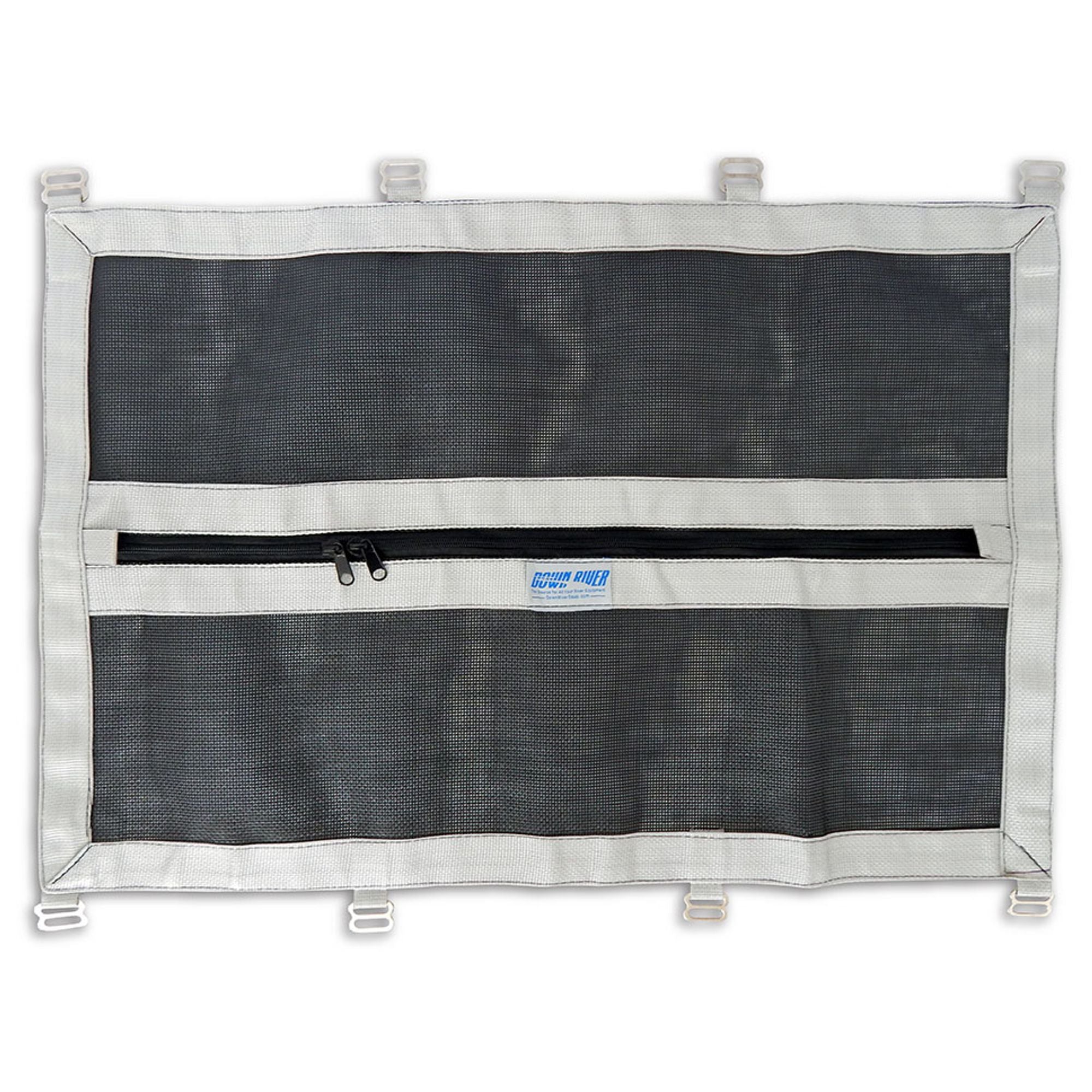 NRS Otter Dodger Raft Package black mesh storage panel with zipper pocket for organizing gear on fishing raft at Freestone Fly Shop