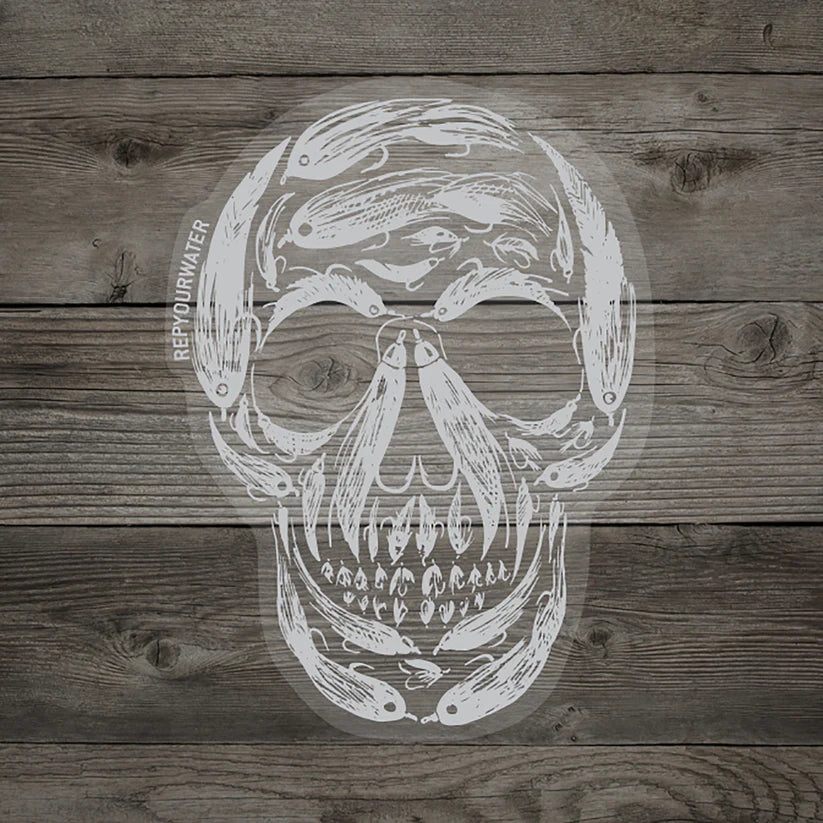 RYW Sticker by Rep Your Water L.L.P. featuring a skull design made of fish for fly fishing enthusiasts
