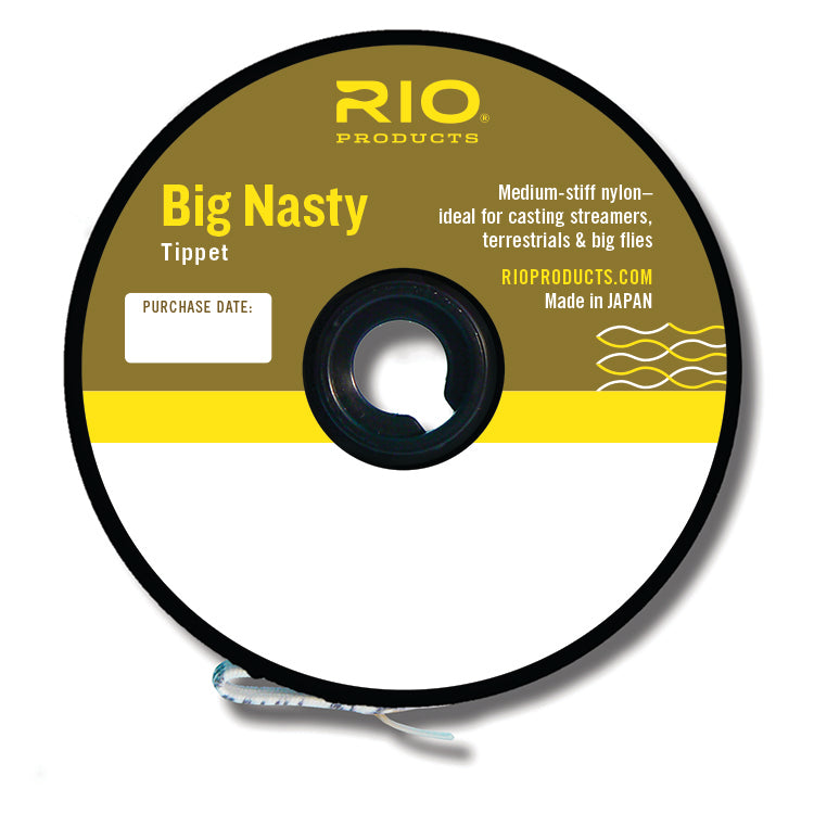 Rio Big Nasty Tippet spool in yellow and white design made of medium-stiff nylon for casting large flies and streamers