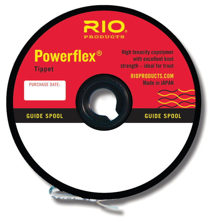 Rio Powerflex Tippet spool featuring high tenacity copolymer material with superior knot strength for trout fishing use
