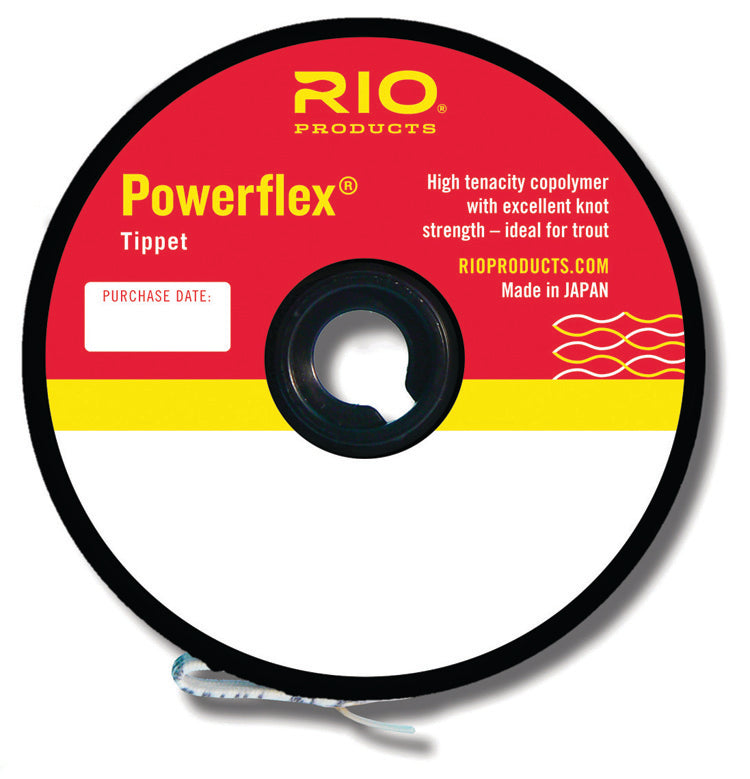 Rio Powerflex Tippet spool with high tenacity copolymer material featuring excellent knot strength for trout fishing use