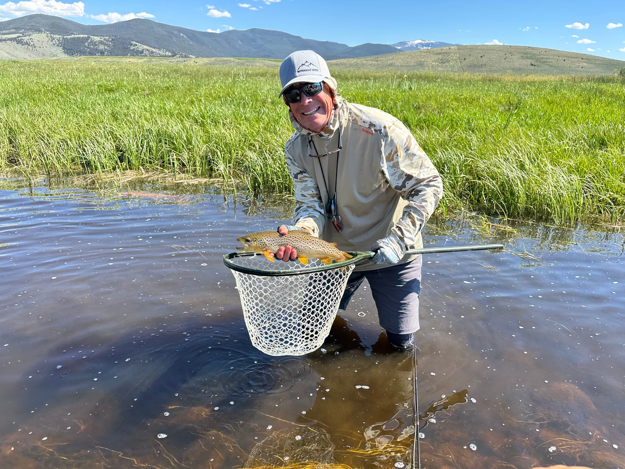 Angler standing knee-deep in river holding large brown trout in net with grassy shore and mountains in background
