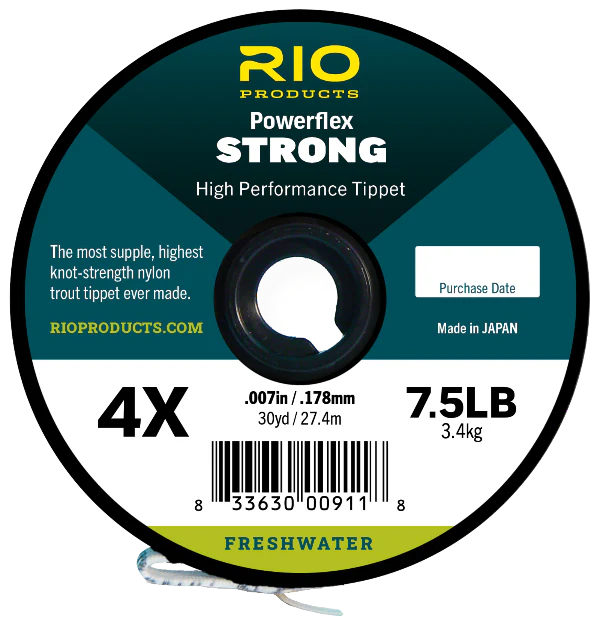 Rio Powerflex Strong Tippet 4X nylon spool by Farbank Pros showing 7.5LB strength for freshwater fly fishing