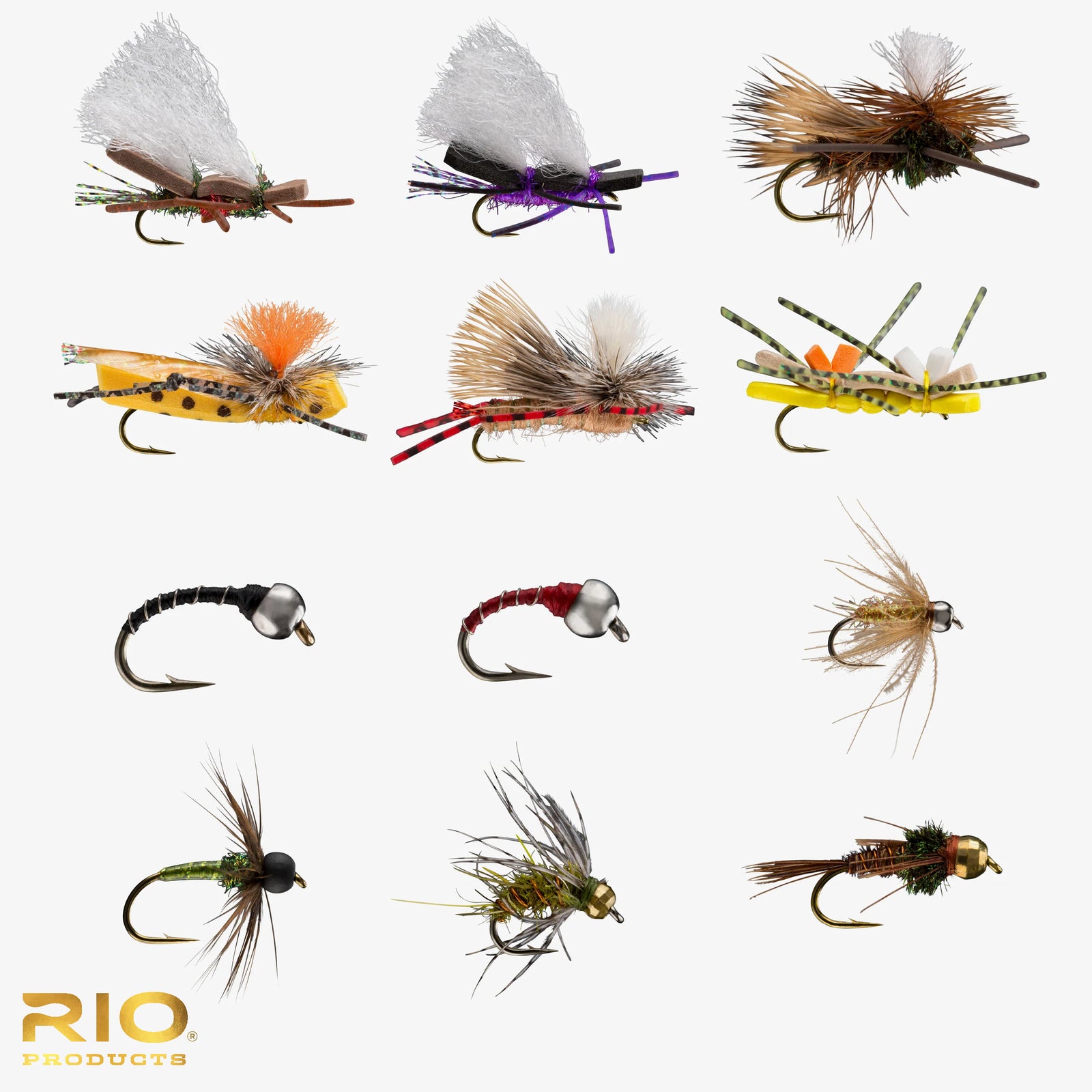 Rio Flies - Hopper/Dropper Assortment featuring six grasshopper and six tungsten nymph imitations for trout fishing