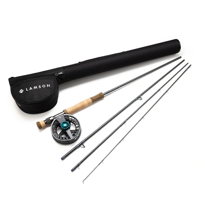 Lamson Liquid Max 8 Outfit w/o Fly Line with rod, reel, rod sections, and branded Waterworks Lamson case at Freestone Fly Shop