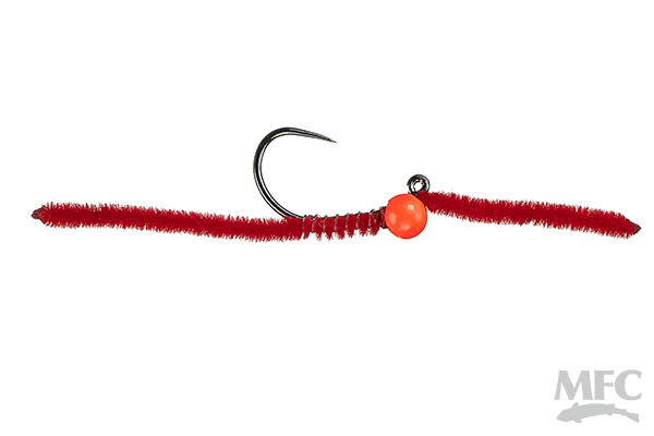 MFC Jig San Juan Worm - Red (Hot Orange Bead) by Montana Fly Company, durable fly fishing lure at Freestone Fly Shop