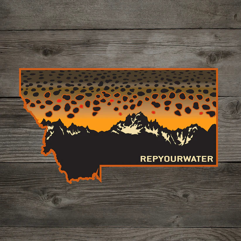 RYW Sticker by Rep Your Water L.L.P., Montana outline with mountain and trout pattern design at Freestone Fly Shop