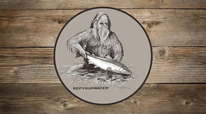 RYW Sticker by Rep Your Water L.L.P. featuring Bigfoot holding a trout for fly fishing fans at Freestone Fly Shop
