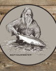 RYW Sticker by Rep Your Water L.L.P. featuring Bigfoot holding a trout for fly fishing fans at Freestone Fly Shop