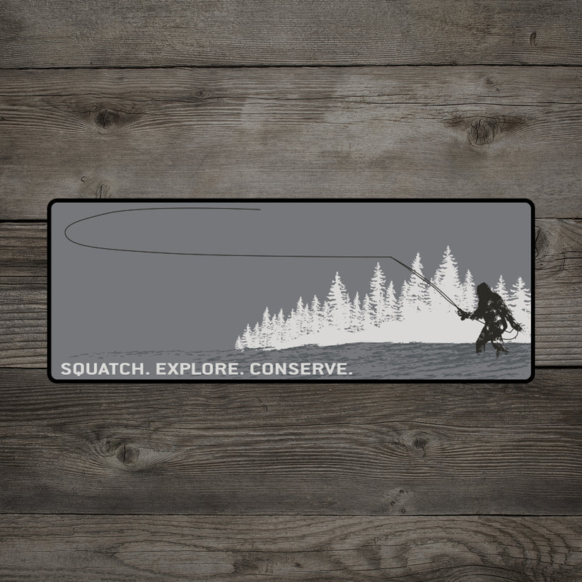 RYW Sticker by Rep Your Water L.L.P. featuring Bigfoot fly fishing in forest scene at Freestone Fly Shop