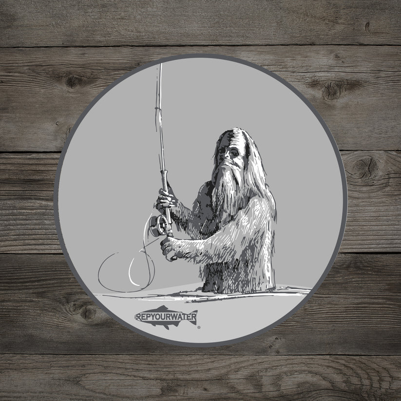 RYW Sticker by Rep Your Water L.L.P. showing a detailed Bigfoot holding a fly fishing rod at Freestone Fly Shop