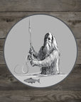 RYW Sticker by Rep Your Water L.L.P. showing a detailed Bigfoot holding a fly fishing rod at Freestone Fly Shop