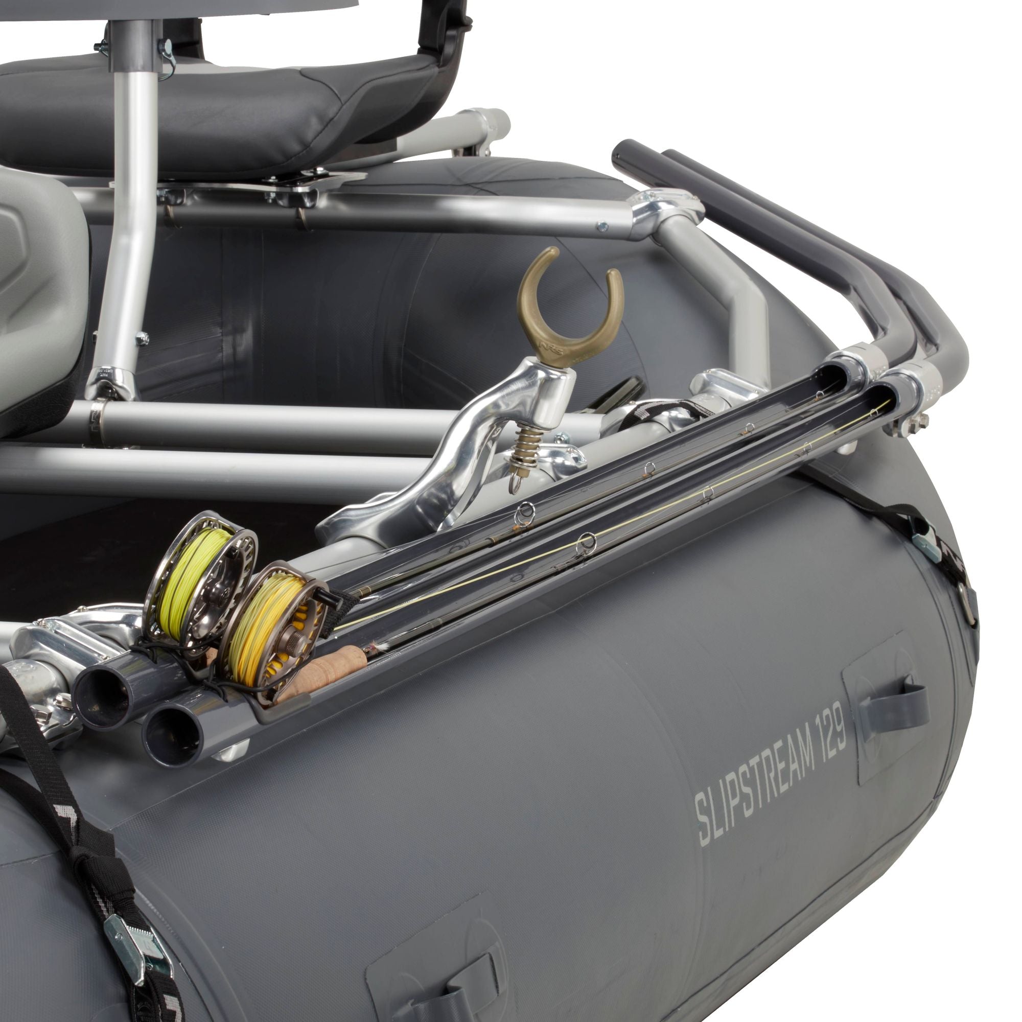 NRS 129 Slip Stream Boat Package with rod holders and mounted reel for guided fly fishing at Freestone Fly Shop