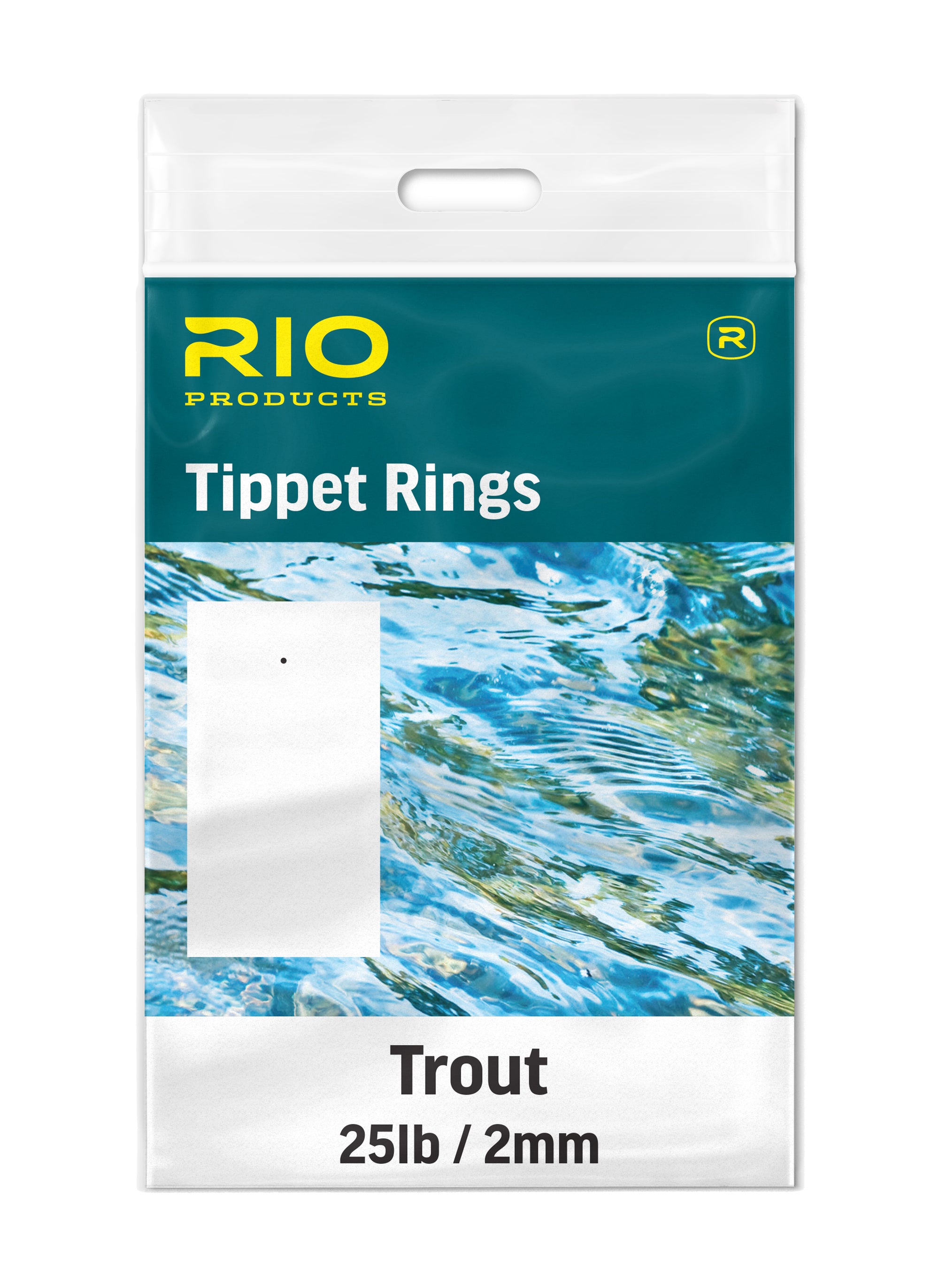 Rio Tippet Rings packaging showing 25lb test strength and 2mm size designed for trout fly fishing leaders and tippets