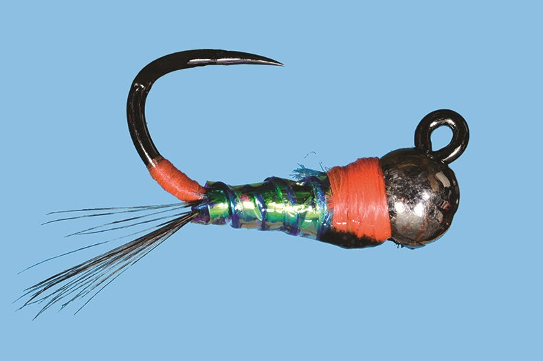 Solitude Flies - Tungsten Jig Blue Diamond Perdigon with iridescent body and bright orange accent for fly fishing at Freestone Fly Shop