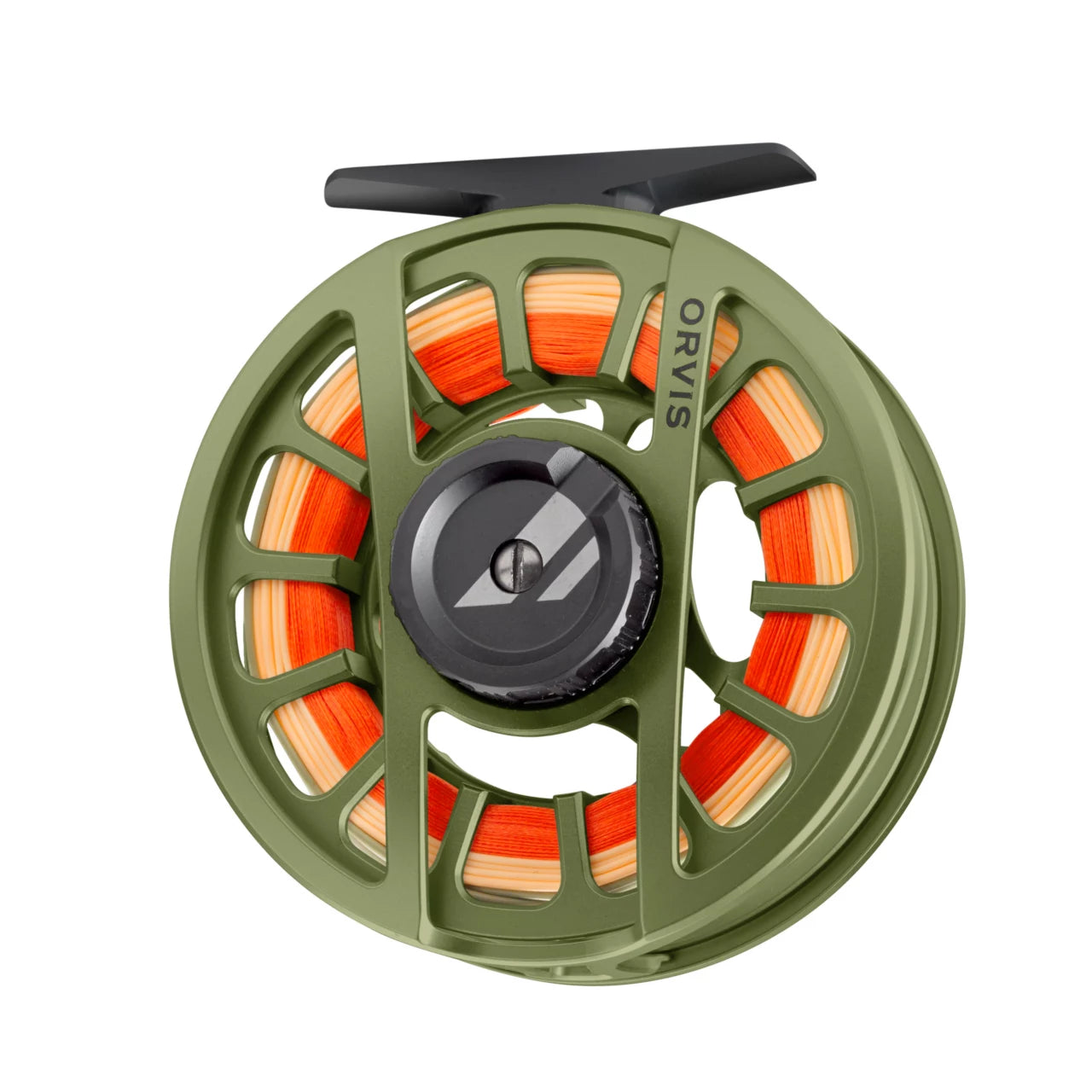 Orvis Hydros Fly Reel in olive green with bright orange fly line designed for lightweight fly fishing at Freestone Fly Shop