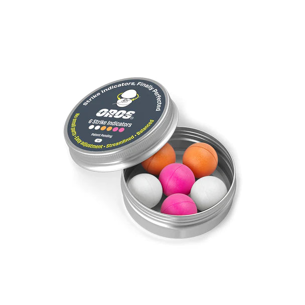 Oros 6-Pack Multi Color Strike Indicators Tin with bright balanced strike indicators for fly fishing from Oros and Freestone Fly Shop