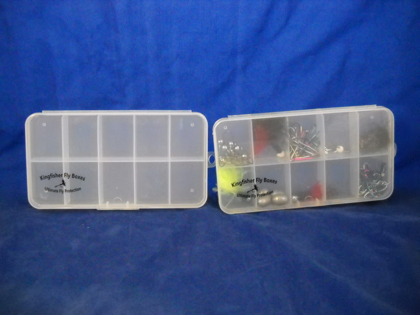 New Phase 1234 Large 10- Comp Clear Poly Box by New Phase Inc with ten compartments and snap tight latch at Freestone Fly Shop
