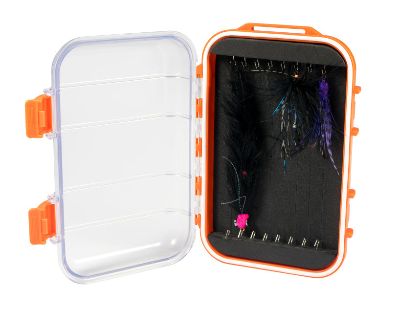 New Phase 1457 Waterproof Articulated Fly Box by New Phase Inc with slot foam and stainless hooks at Freestone Fly Shop