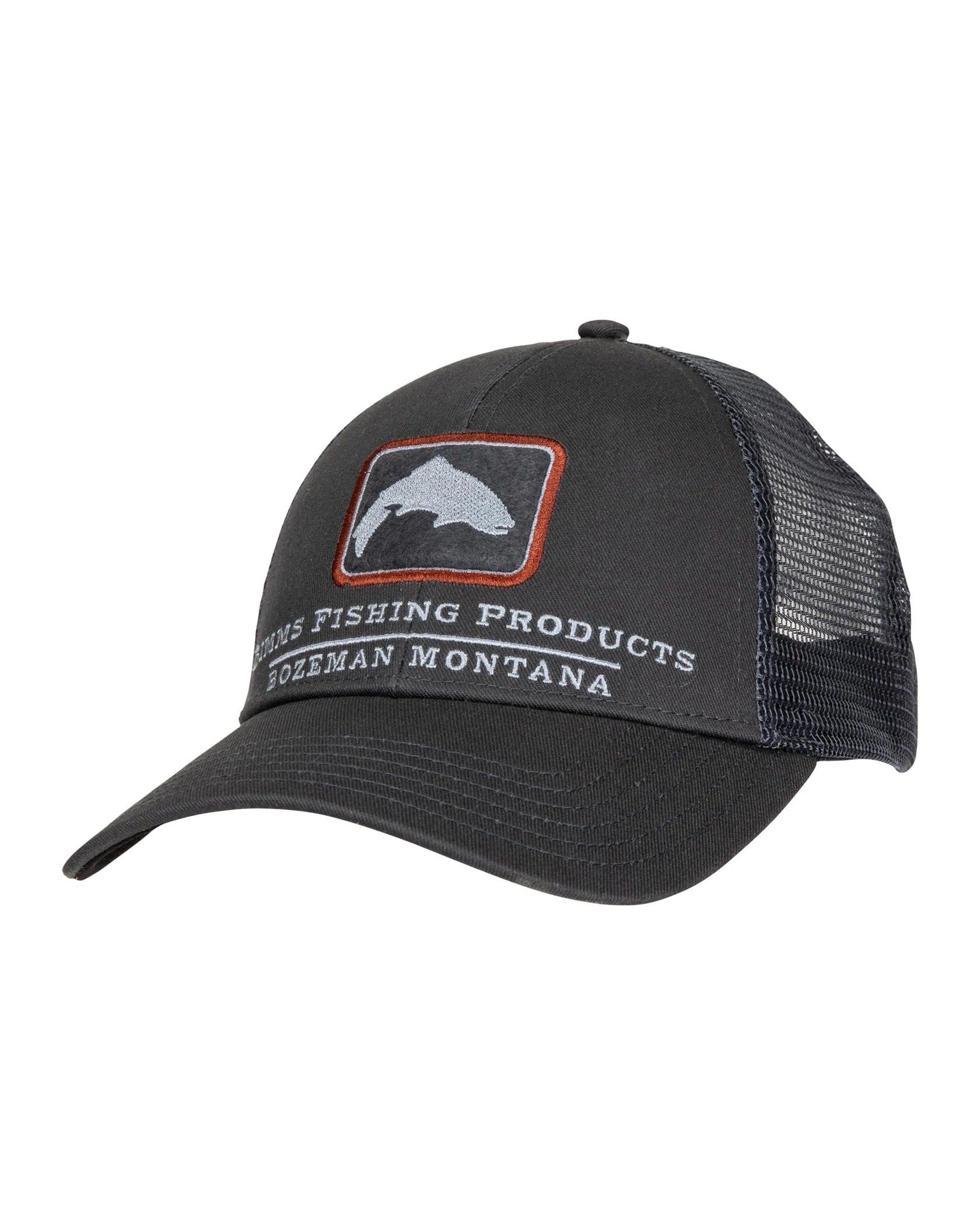 Simms Trout Icon Trucker by Simms Fishing Products black cap with trout patch, mesh back, and adjustable snap closure