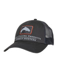 Simms Trout Icon Trucker by Simms Fishing Products black cap with trout patch, mesh back, and adjustable snap closure