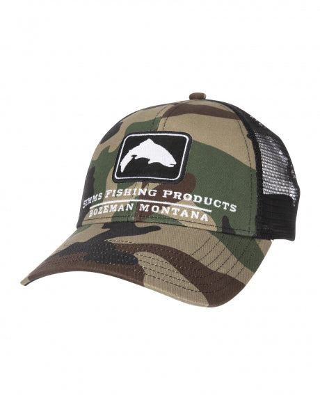 Simms Trout Icon Trucker by Simms Fishing Products camo cap with trout patch, mesh back, and adjustable snap for fly fishing fans